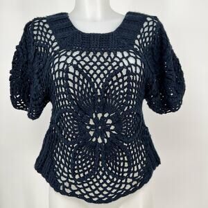 Sheson Crochet Sweater Small Open Knit Navy Blue Short Puff Sleeve Pullover Top